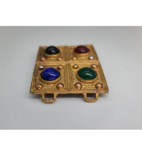 Vintage Greek Etruscan Belt Buckle Vitreous Glass Cabochons Gold Tone Metal main image 6